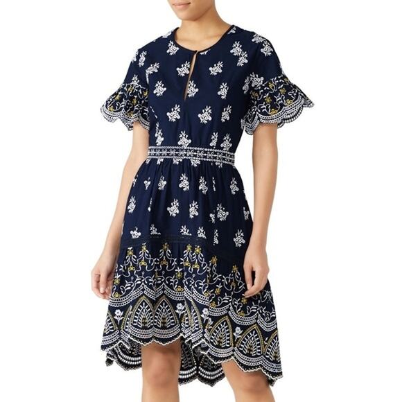 Shoshanna Richa Dress SZ 2 Navy Embroidered Eyelet Scalloped Ruffle Dress $418 - Picture 1 of 13